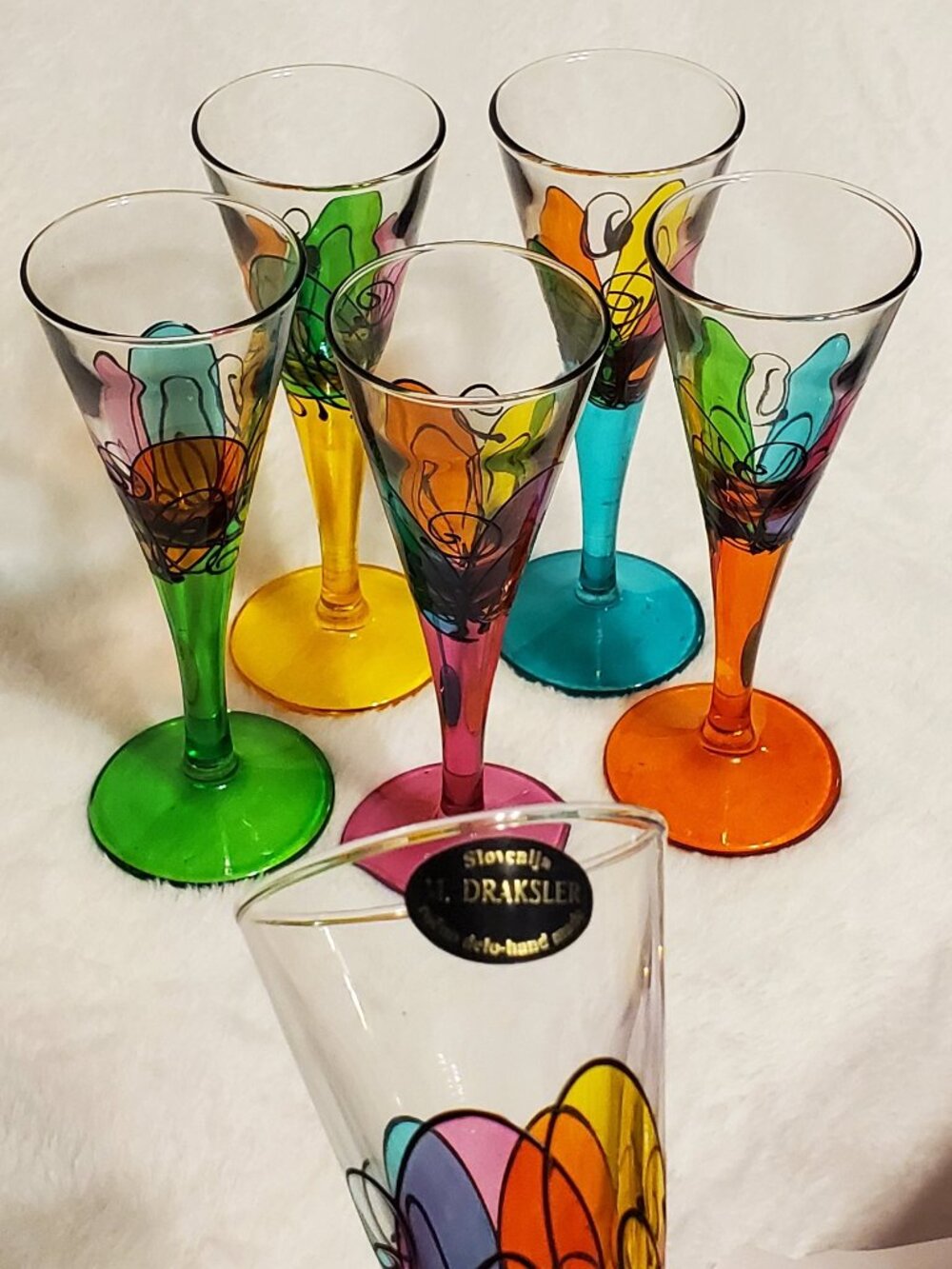 M. DRAKSLER SLOVENIA hand-painted glass Champagne Flutes - Stunning Set *Read